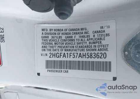 2010 Honda Civic Lx из США, поврежденный, VIN 2HGFA1F57AH583620